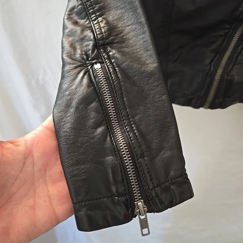 Free‎ People Soft Leather Jacket Moto Bomber Detachable Hood Black Size 4